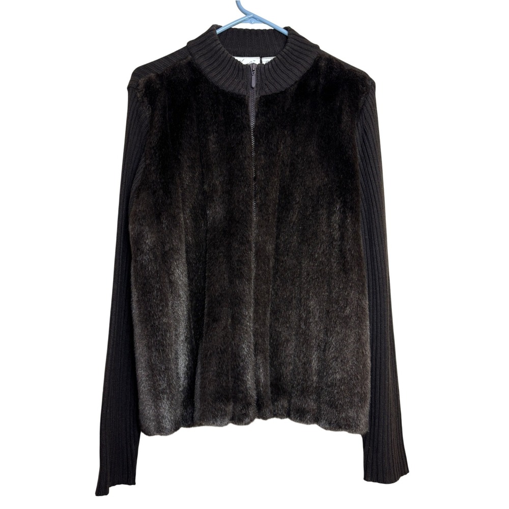 y2k Kathie Lee Chocolate Brown Faux Fur Ribbed Knit‎ Zip Up Mock Neck Cardigan L